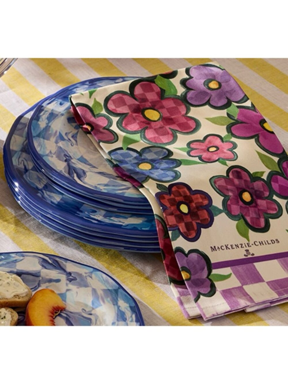 Mackenzie-Childs - Cotton Dish Towel - Purple Check Border - Posies / Floral